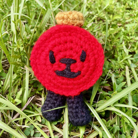 A sentient, red, crochet checker piece wearing a crown with two black legs